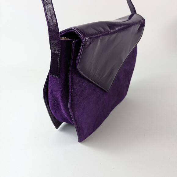 Bruno Magli Purple Purse Italian Leather Suede Gold Plum Shoulder Evening Bag - Picture 5 of 16